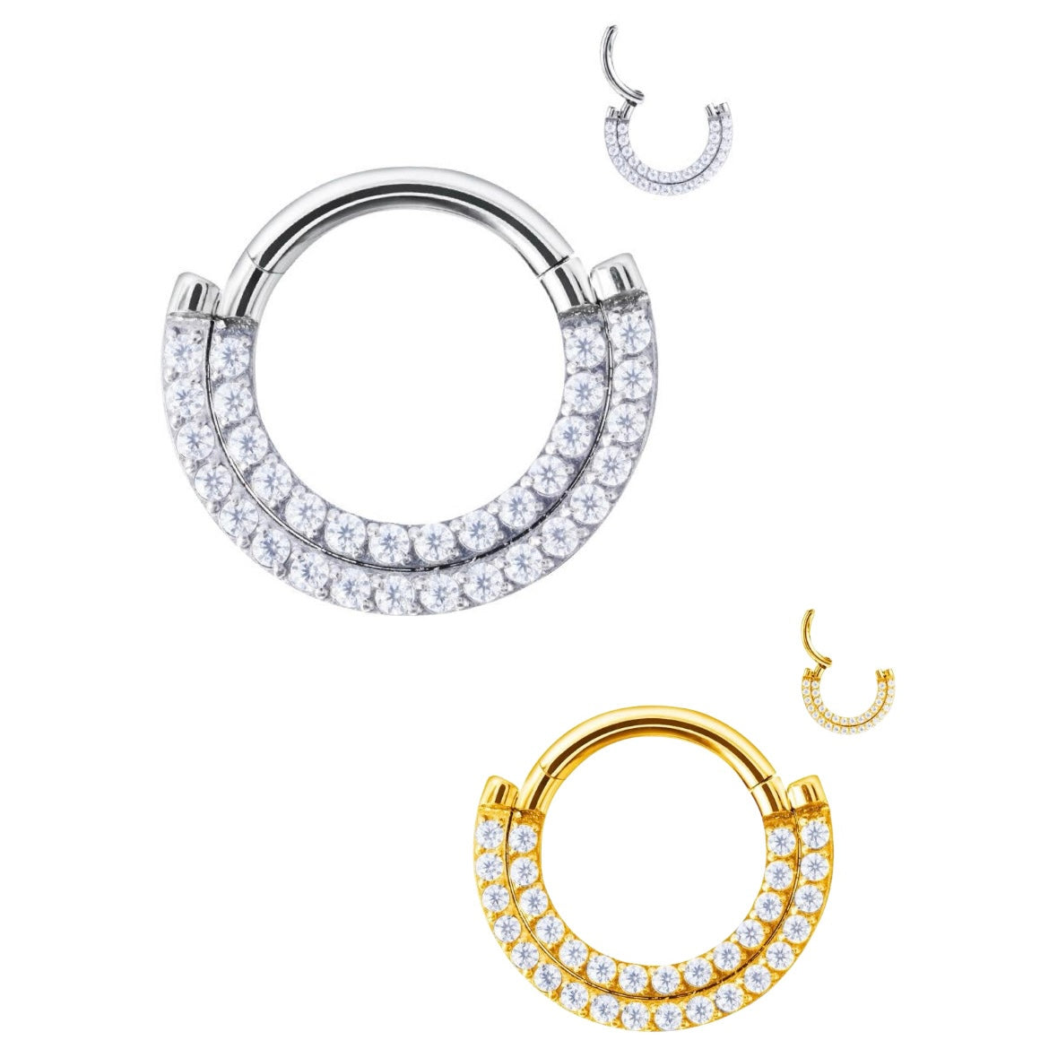 Clicker ring doppia fila cz stone trasparenti.Questo piercing realizzato in titanio ASTM F136 da implantologia certificato. E' dotato di cerniera, che rende la chiusura molto semplice: basta tirare il segmento per aprirlo, inserire il gioiello nel piercing e chiuderlo con un click. La parte frontale presenta una doppia fila con una serie di scintillanti pietre che ti faranno splendere.