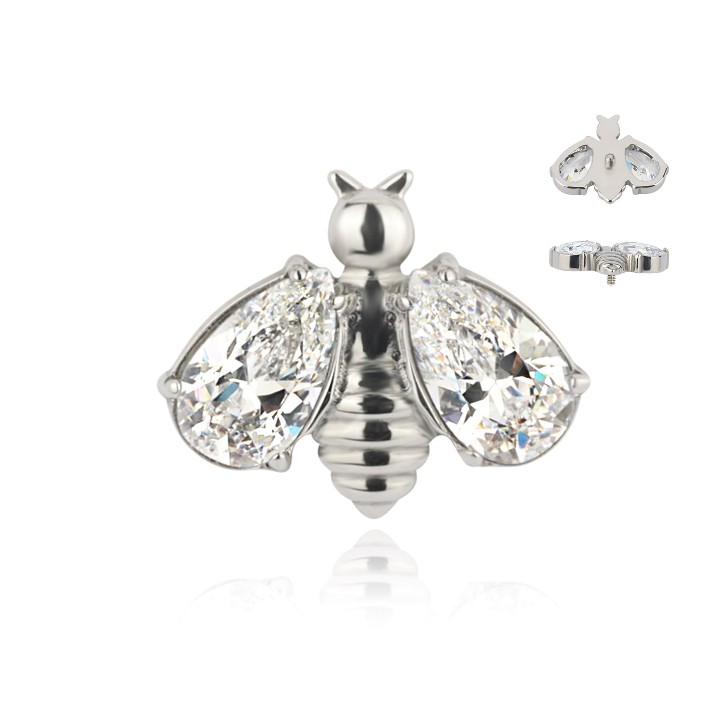 piercing a forma di ape in titanio con ali decorate da cristalli trasparenti taglio brillante,ideale per lobo o cartilagine